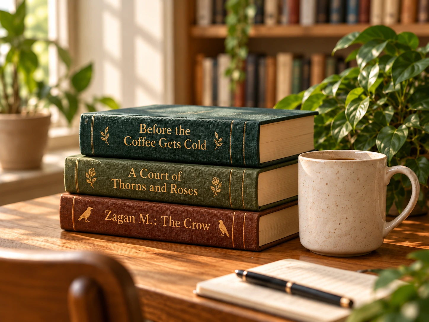 Three clothbound novels with gold titles beside a cup of coffee in a sunlit reading room